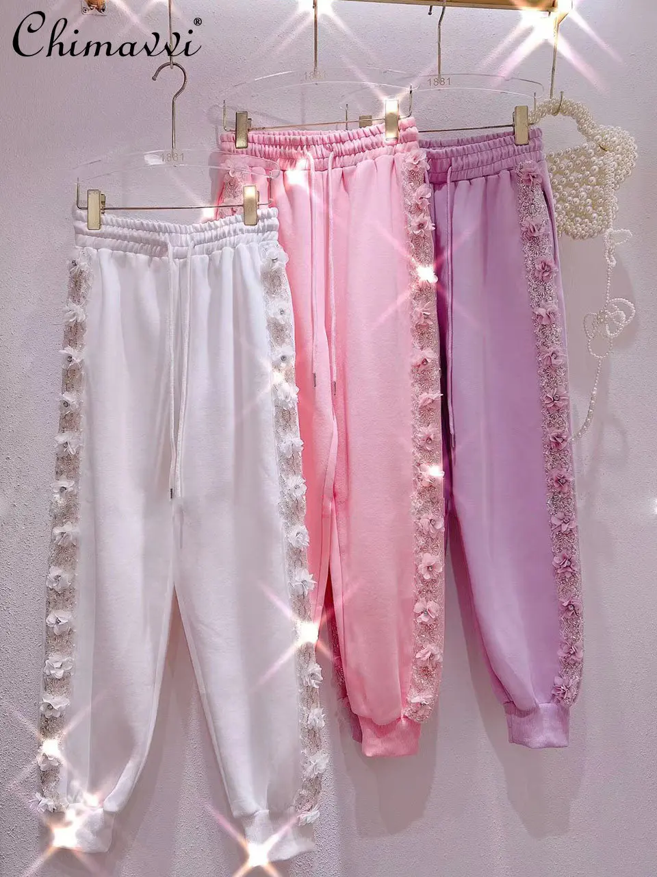 

Ladies New Autumn Fashion Sweatpants Women's Korean Heavy Beads 3D Flower Elastic High Waist Slimming Casual Ankle Banded Pants