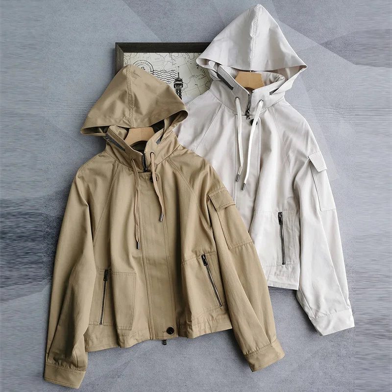 

Women Cool Solid Short Trench Coat 23 AW Long Sleeve Stand Collar Hooded Zipper Jacket Fashion Street Casual Loose Cargo Outwear