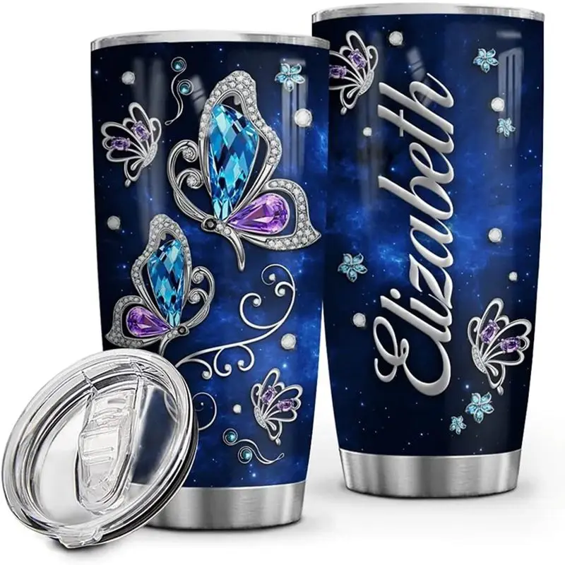 Taza de café personalizada con diseño de mariposa, vaso de acero inoxidable de doble pared con movimiento al vacío para viaje, nombre personalizado, 20oz