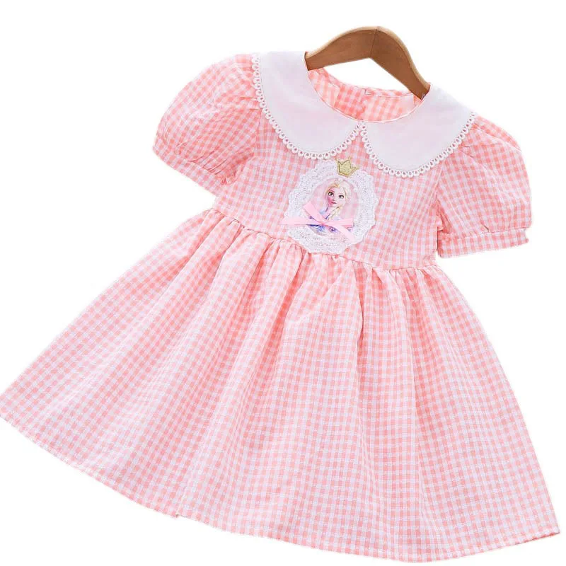 

Lce Snow Elsa Princess Dresses Girl Summer New Doll Collar Striped Plaid Fashion Dress 3-7 Years Cute Girls Bowknot Casual Skirt