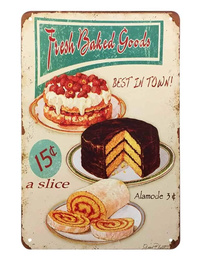 

Fresh Baked Goods Tin Sign,Cake Cream Ring Fresh Delicious Strawberry Fruit Food Chocolate Dessert Plate Vintage Metal Tin Sign