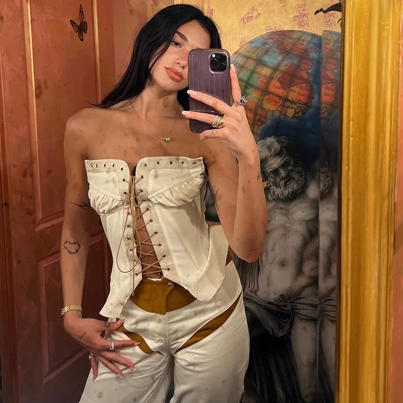 

Women Y2k Crop Tops Contrast Color Sleeveless Strapless Bandage Flounced Crop Tops Camisole for Summer