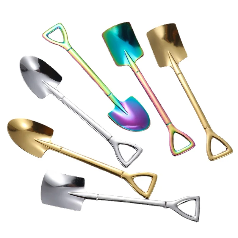 

6pcs Cute Stainless Steel Shovel Spoon Household Creative Dessert Watermelon Spoon Flat Sharp Coffee Spoons Mini Bonsai Shovel