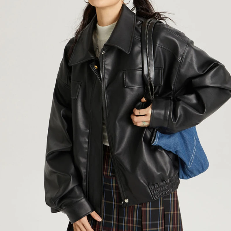 

2023 Moto Biker Zipper Leather Coat Punk Style Leather Jacket Women Streetwear High Street Fashion Trend Loose PU Leather Jacket