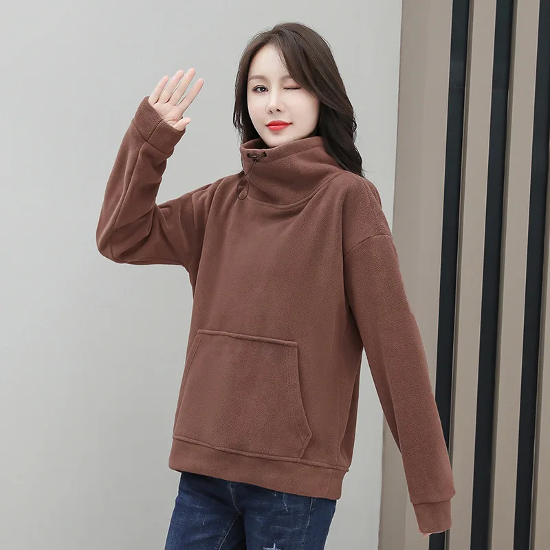 

Women's Sweatshirt Ladies Tops Large Size Plus Velet Stand Collar Pullover Clothes Long Sleeves Pocket Solid Color Tenafeicc