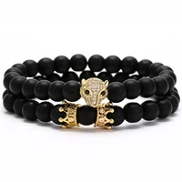 fashion 2 pcs set leopard charm crown men bracelet temperament matte stone bead bracelet for men jewelry gift