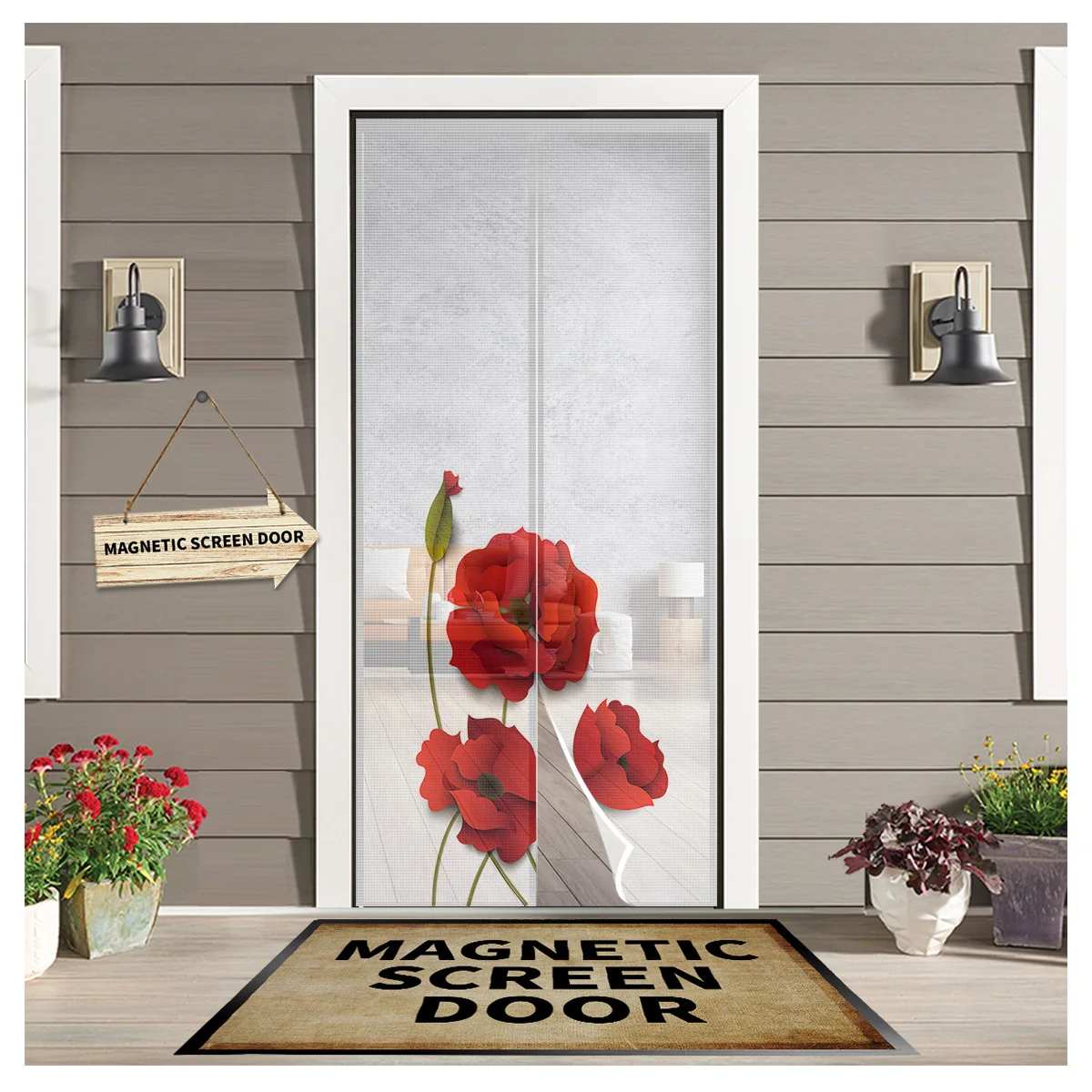 

Red Flower Poppy Flower Summer Magnetic Anti-mosquito Screen Door Curtains Automatic Closing Kitchen Curtains Home