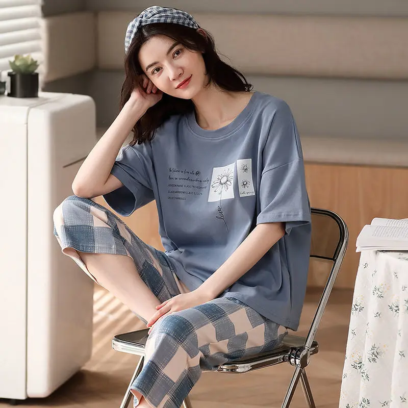 SUO&CHAO Summer New Pajamas Set For Women Sleep Wear Short Sleeve Round Neck Tops Capri Pants Pyjamas Pijamas Sleepwear Homewear