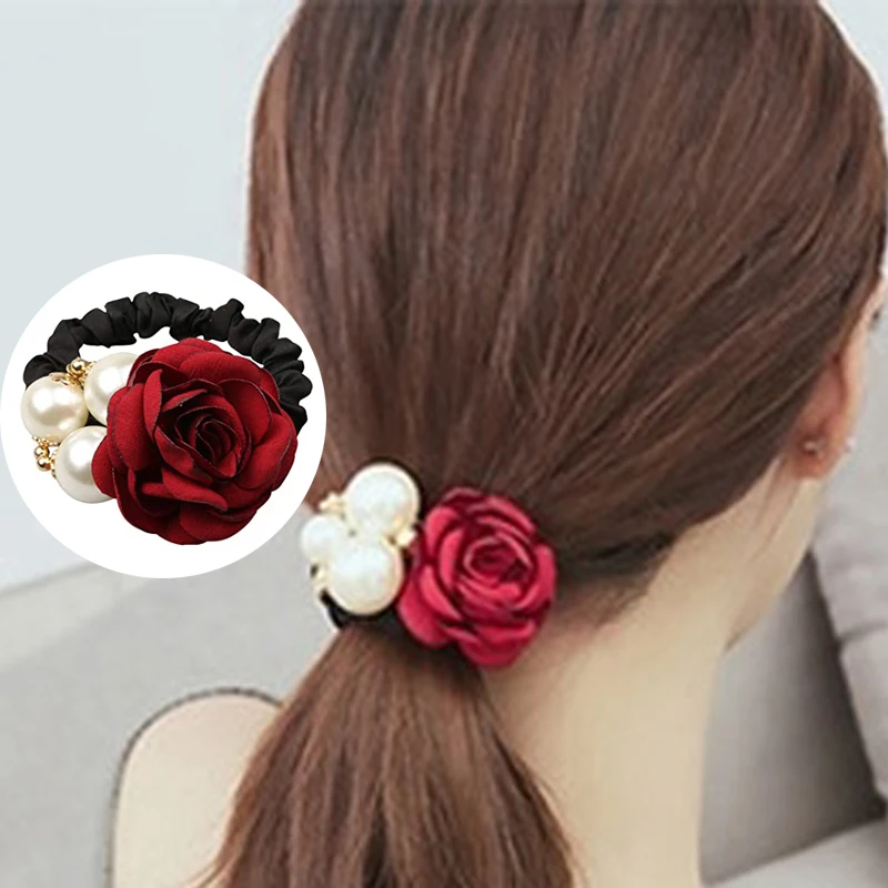 

Sweet Rose Flower Elastic Hair Bands For Women Big Rhinestone Imitation Pearls Headband Hair Rope Fashion Girls Hair Accessories