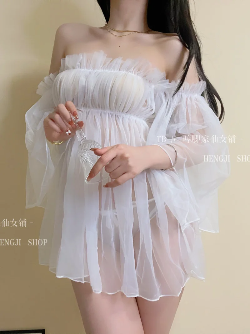 

Fairycore Summer Thin Pure White Bra Gauze Skirt Perspective Mesh Sweet Sexy Romantic Flirting Mini Puffy Skirt Women's YP3C