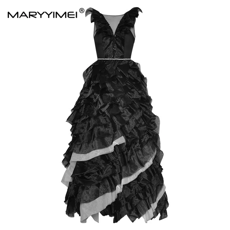 MARYYIMEI Summer Fashion Women's dress Backless Sleeveless Backless Slim Cascading Ruffle Elegant Ball Gown Evening Dresses