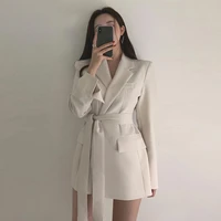 2021 women long outwear jacket sashes fall ol korean new fashion solid blazers british style elegant black beige blazer coat
