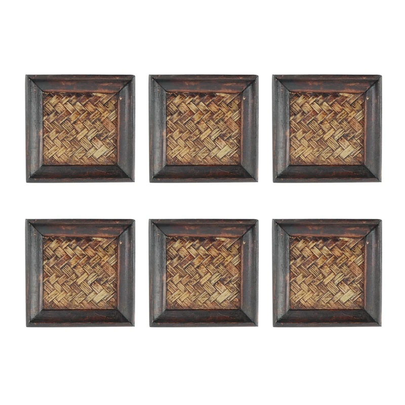 

6PCS Wooden Frame Bamboo Woven Coaster Tea Set Cup Holder 10X10cm Black Wood Coaster Mug Pads Table Placemats Coaster