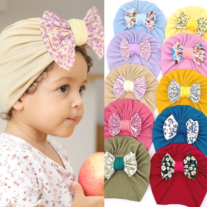 

Fashion Floral Bows Turban Hat For Kids Baby Nightcap Cap Sleeping Newborn Beanies Headscarf Knotted Hats Muslim Child Headwear
