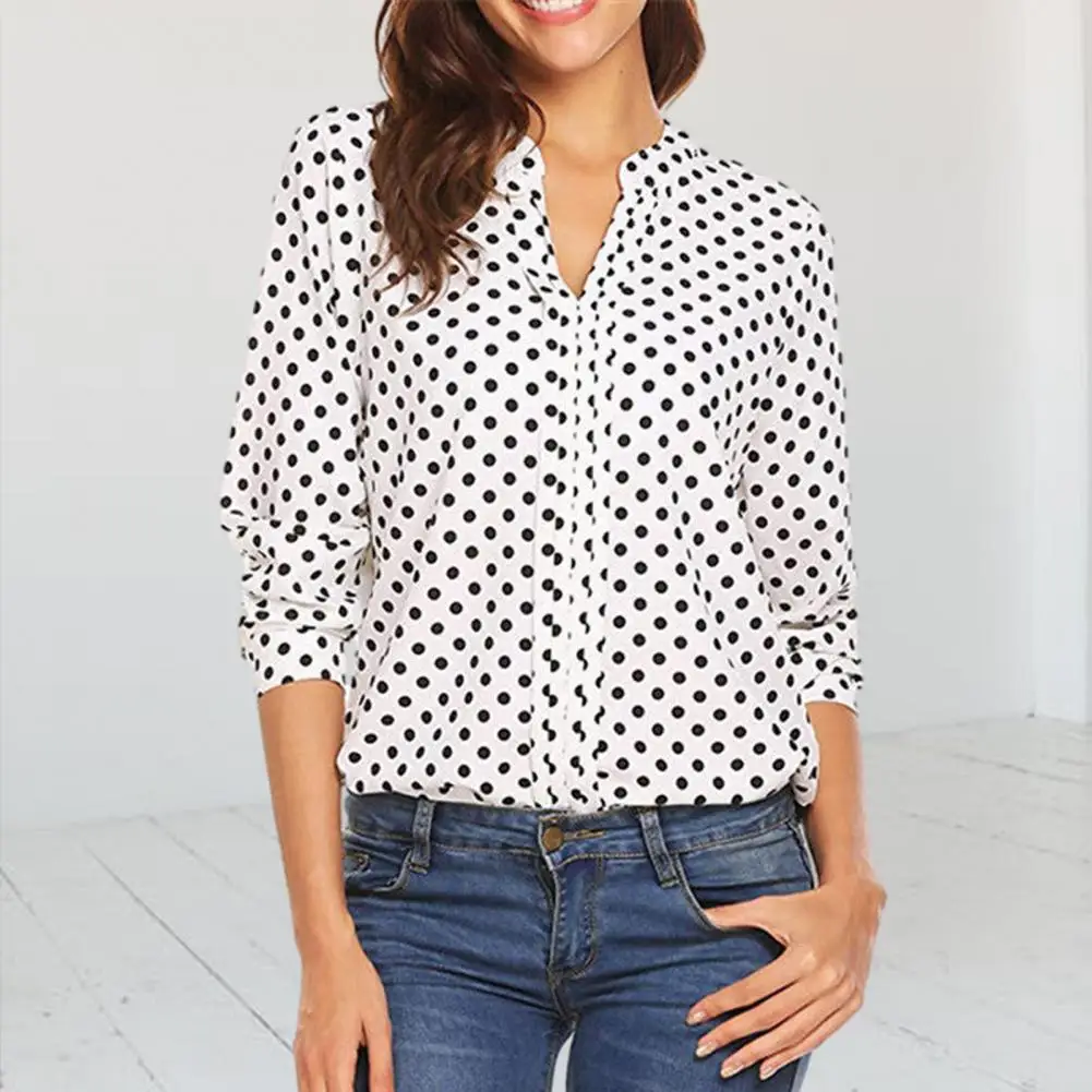

V-neck Long Sleeve Women Shirt Tops Dot Print Loose Fit Thin Blouse Office Lady Casual Tops Female Clothing