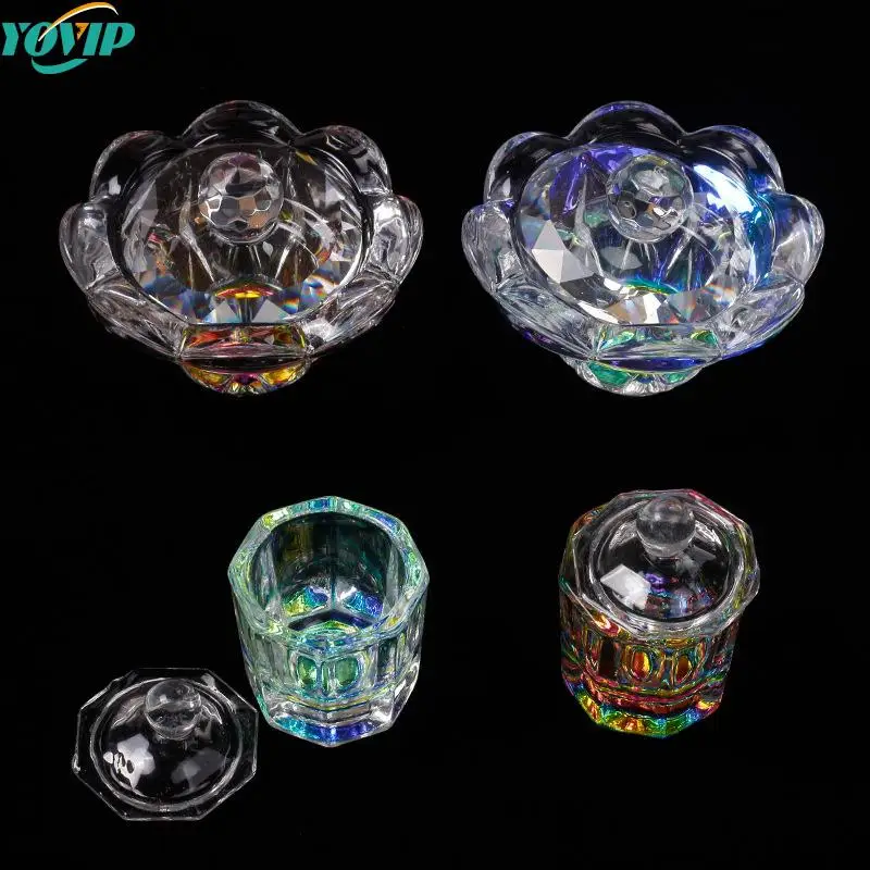 1Pcs Rainbow Crystal Clear Acrylic Liquid Dish Tappen Dish Glass Cup With Lid Bowl For Acrylic Powder Monomer Nail Art Tool