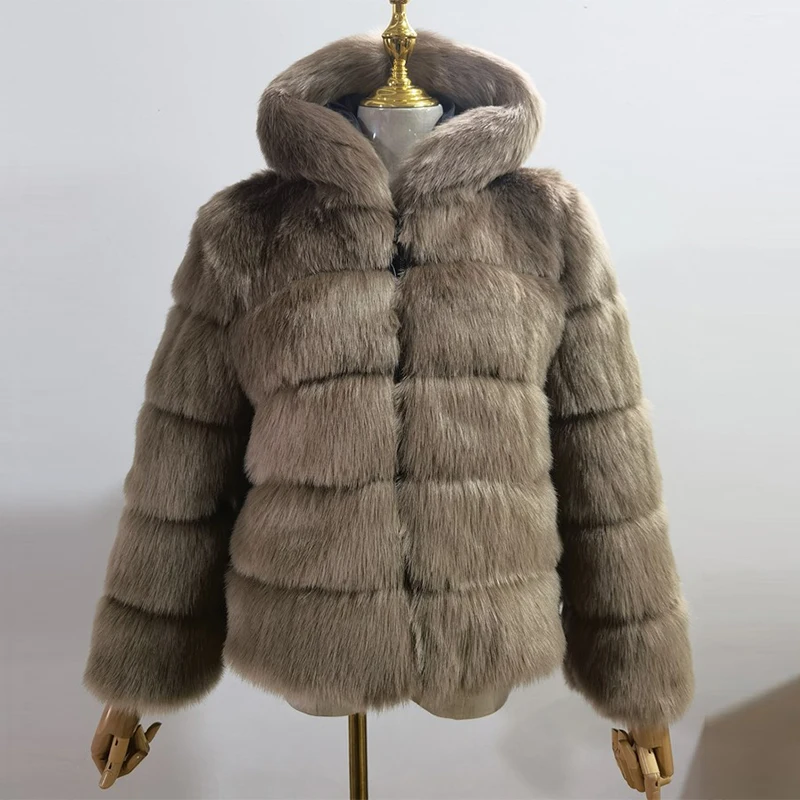 High Quality Furry Silver Fox Faux Fur Coats and Jackets Women Fluffy Coat Hooded Thick Warm Winter Fur Jacket Manteau Femme