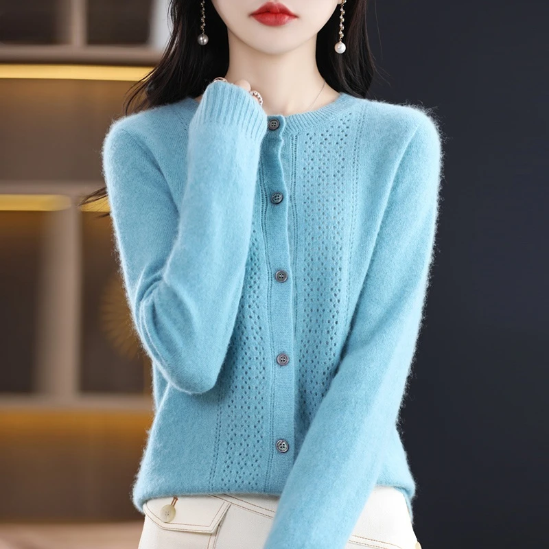 

Spring and Autumn Hollow Out 100% Wool Cardigan Women's O-Neck Top Cashmere Sweater Knitted Seamless Bottoming Shirt Outer Tower