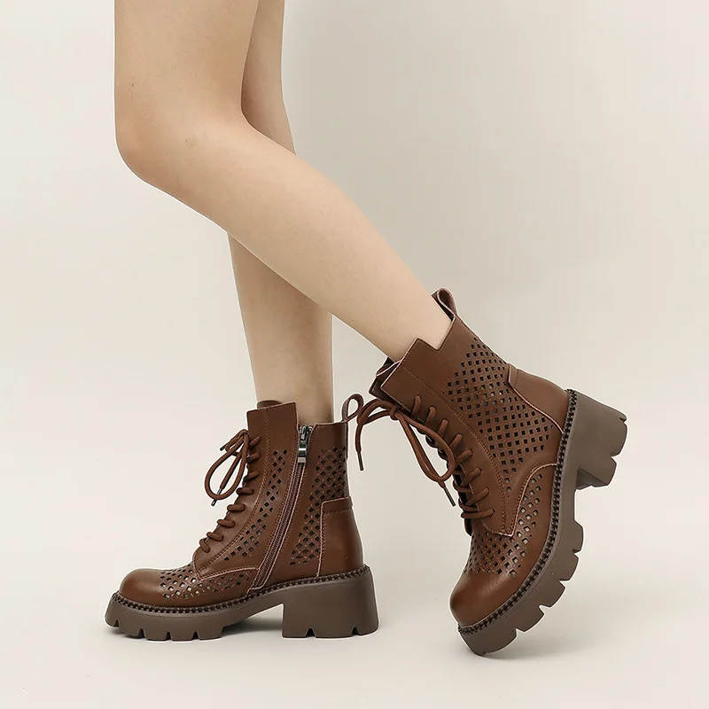 AIYUQI Cool Boots Female Genuine Leather 2023 New Hollow Out Summer Boots Female Retro Mesh Ankle Boots Female
