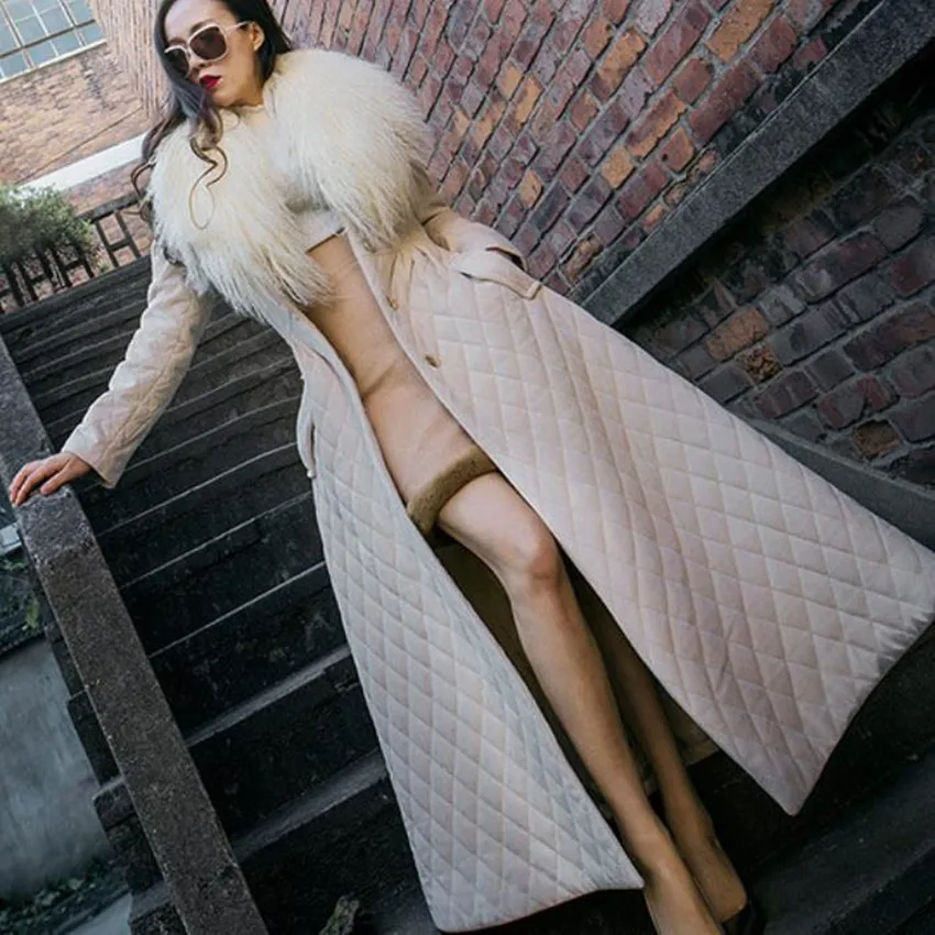 Autumn Winter Women's X-Long Coat New Slim Big Swing Warm Natural Wool Collar Diamond Parka for Ladies High Waist