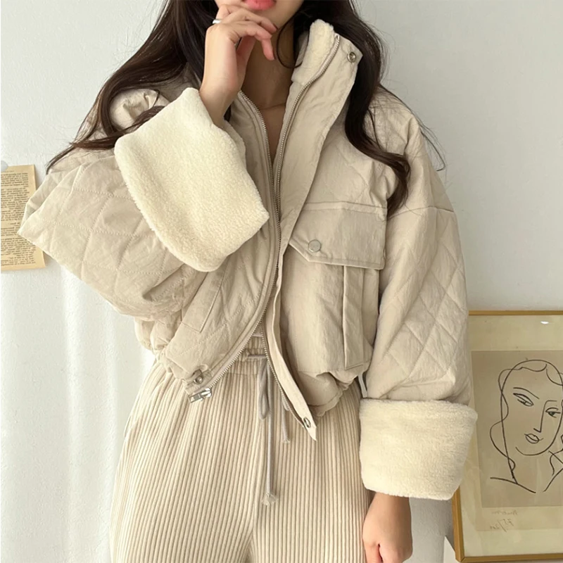 

Женская короткая парка на молнии, однотонная свободная укороченная куртка с подкладкой, с воротником-стойкой и карманами, верхняя одежда в Корейском стиле на осень-зиму 2022