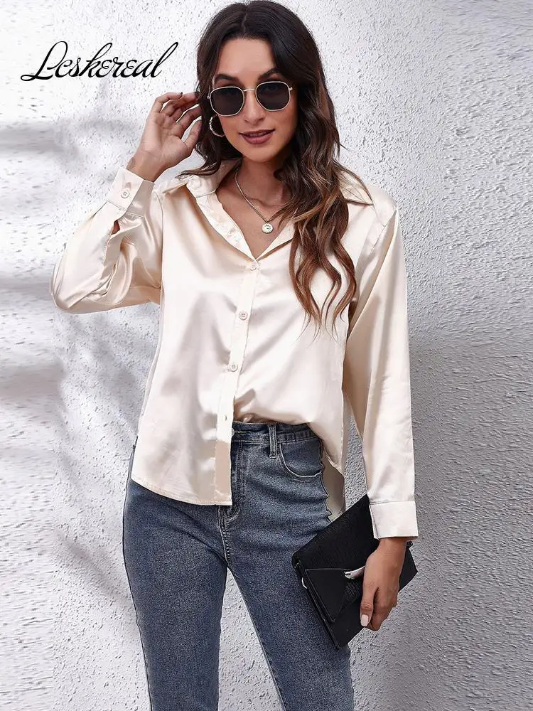 

Женская атласная рубашка Falll, Повседневная белая блузка с длинным рукавом, офисная одежда, весна 2022