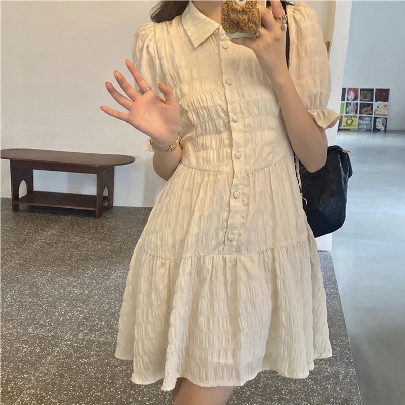

Summer Turn Down Collar Pleated Mini Dress Sweet Puff Short Sleeve Party Dress for Women Casual Chiffon Lolita Dress Robe 24512