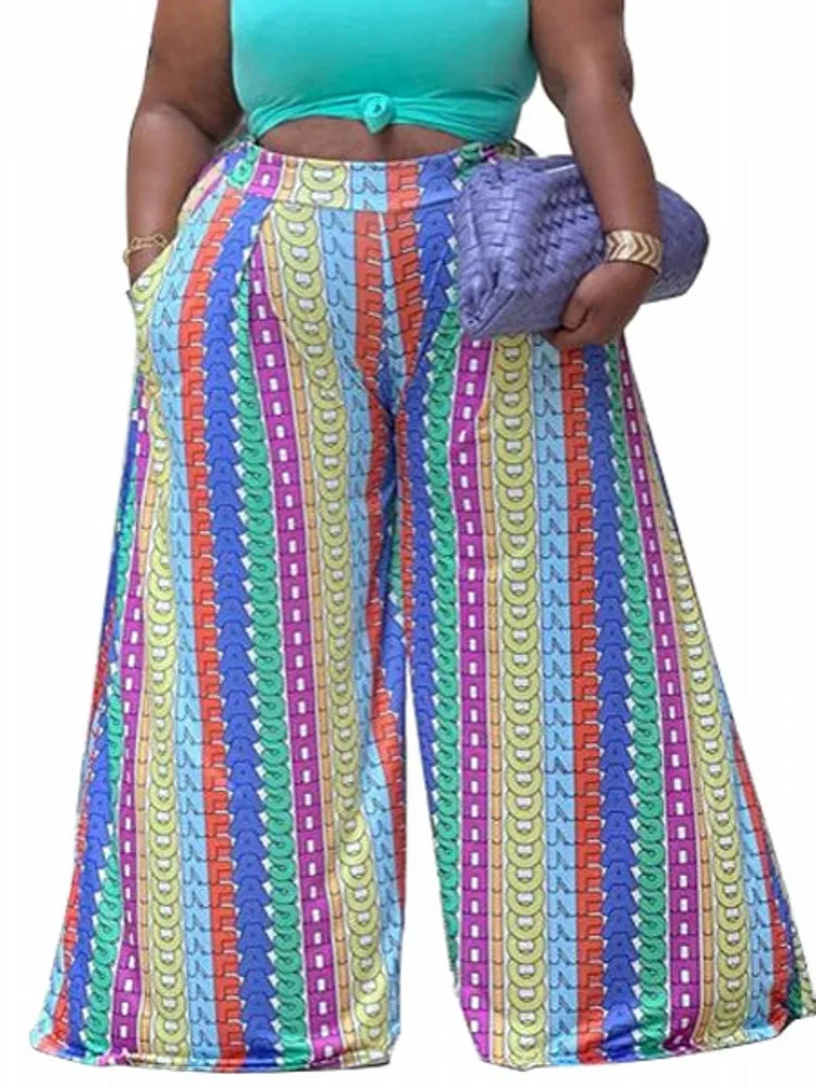 

Plus Size Women Long Pants 4XL 3XL Elastic High Waist Trousers Fashion New Print Striped Street Style Casual Wide Leg Pants 2022