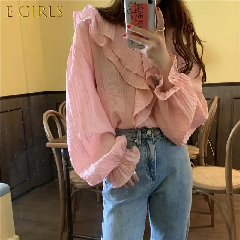 E GIRLS Spring Pink Blouses Women Flare Sleeve V-neck Ruffles Gentle Temperament French Shirts Female OL Sweet Chiffon Top Ins