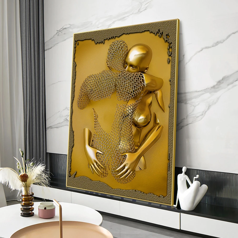 Настенные постеры с 3d-изображением золотых и черных фигур картины абстрактные