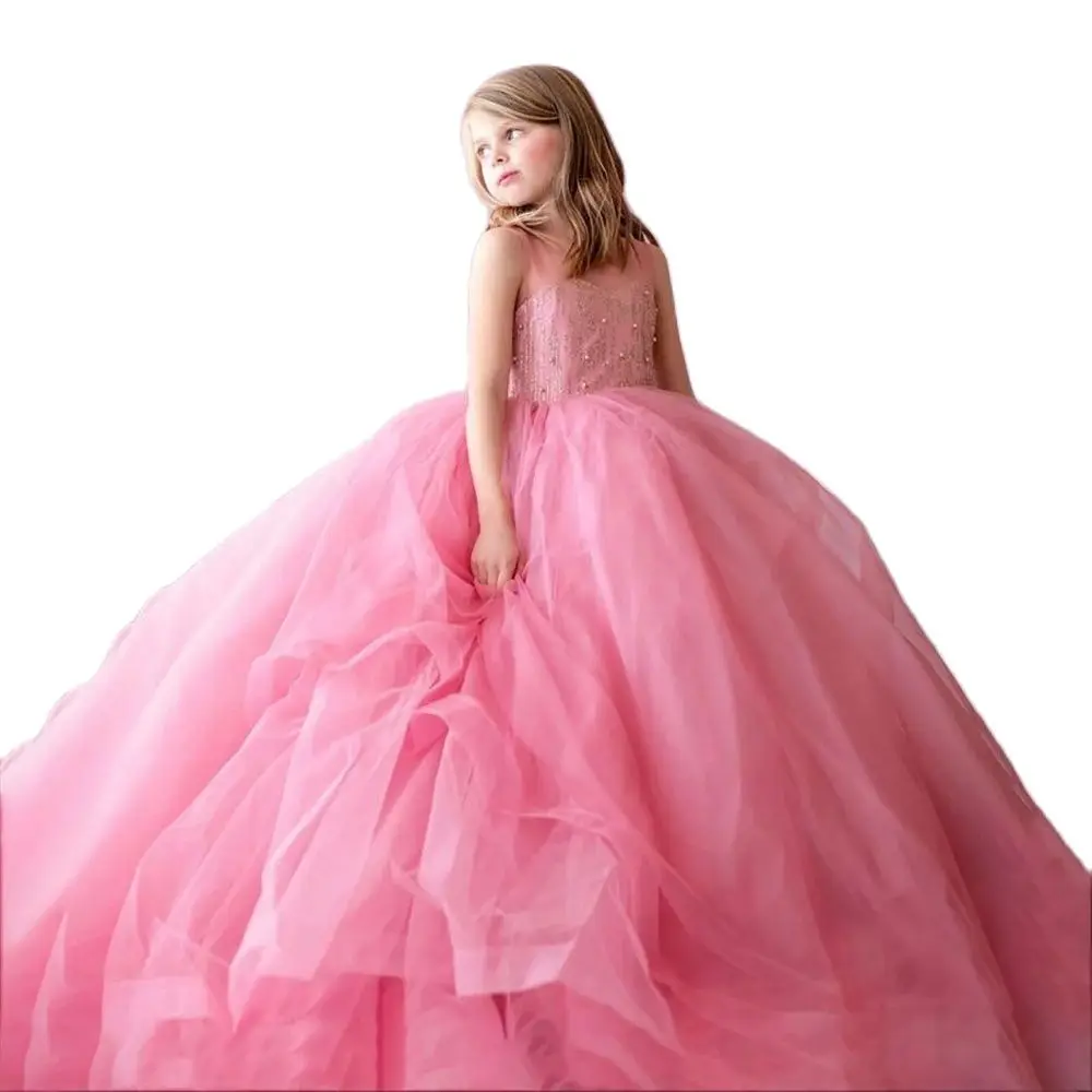 

Милые Розовые Свадебные платья с цветочным принтом для девочек без рукавов с бисером Иллюзия круглый вырез открытая спина Детская Вечеринка бальное платье для девочек