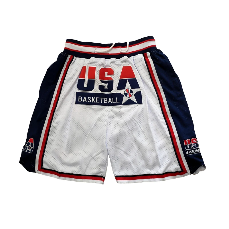 Basketball Shorts USA 1992 Zipper four pockets Sewing Embroidery Outdoor Sport Shorts High-Quality Beach Pants WHITE Blue 2023