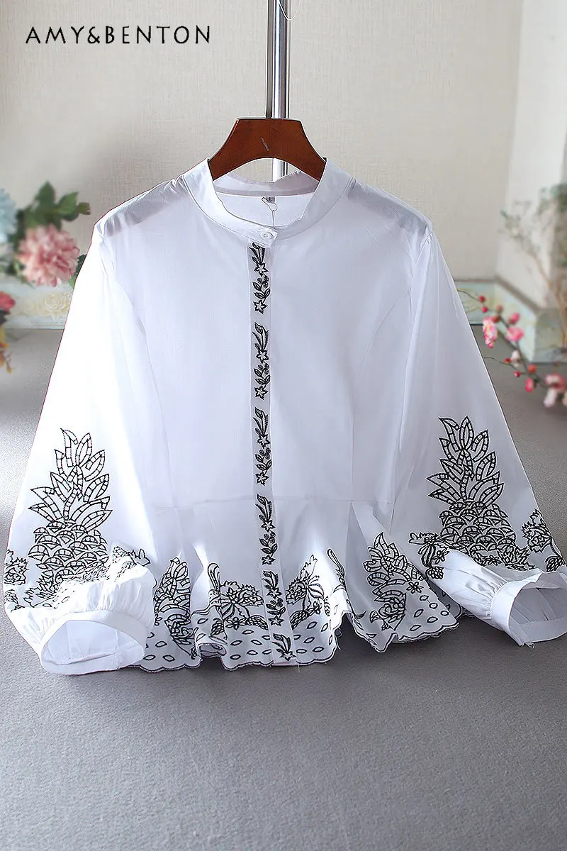 

Женский хлопковый топ с высокой талией, рубашка с длинным рукавом и воротником-стойкой, с оборками, в западном стиле, в стиле ретро, осень