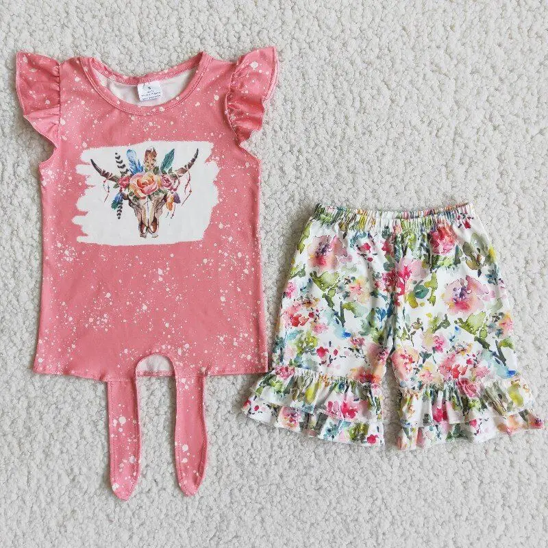

RTS 2022 Fashion Baby Girl Pink Cow Flutter Sleeves Top Boutique Outfits Floral Ruffle Summer Shorts Sets Children Clothes