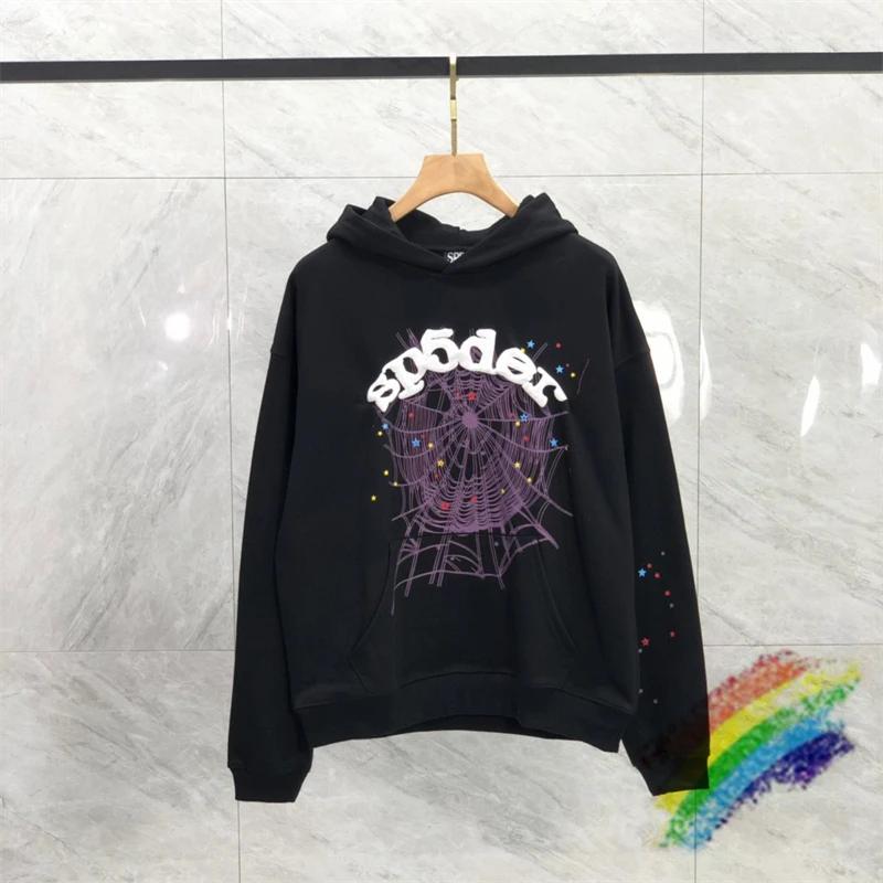 

Black Young Thung Sp5der 555555 Angel Hoodie Men Women Best Quality Purple Spider Web Pattern Hooded Pullover