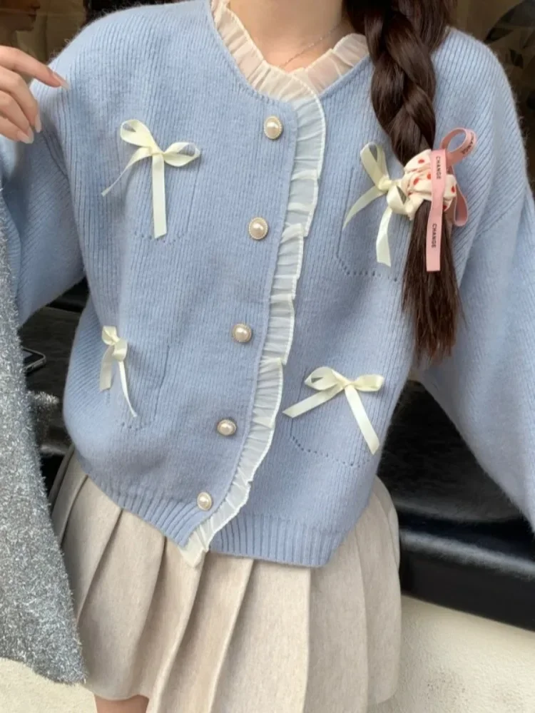 Корейский кружевной лоскутный укороченный кардиган Y2K модные свитера женский