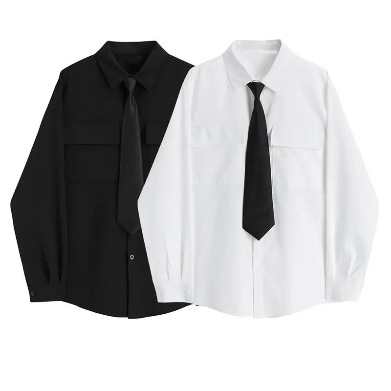 

EBAIHUI White Shirts Women with Tie High Quality Solid Loose Spring Autumn Shirt Japanese Preppy Students BF Oversized Blouse