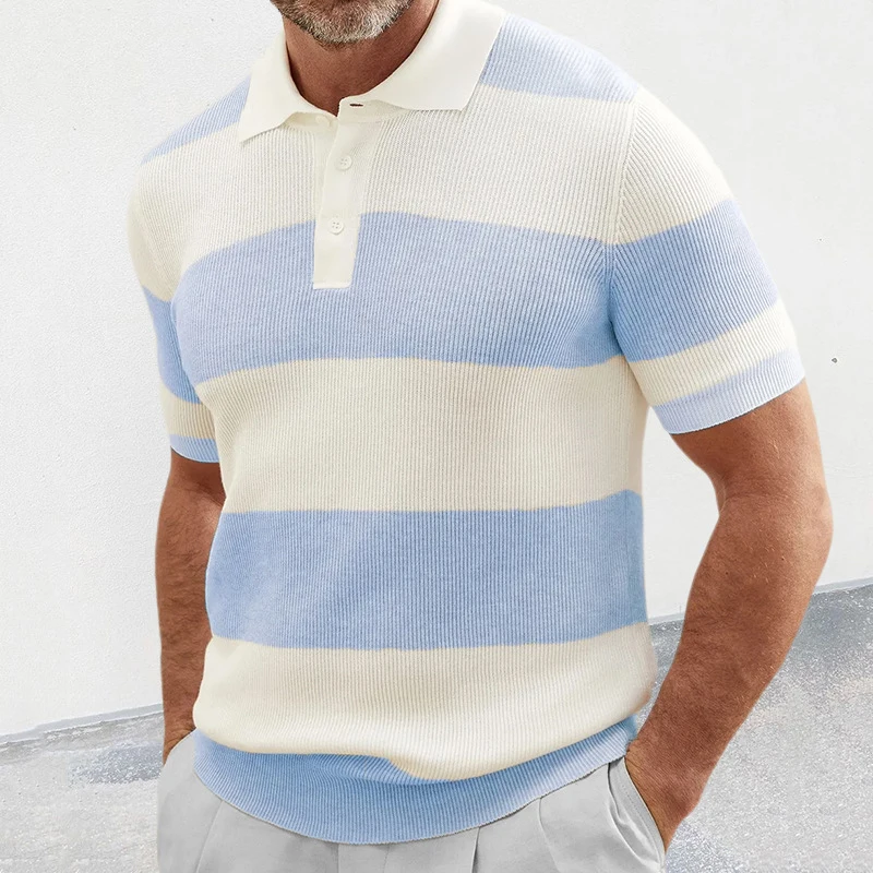 

Vintage Striped Patchwork Knitting Tops Mens 2023 Spring Summer Casual Short Sleeve Button Lapel Knit Polo Shirts Men's Clothing