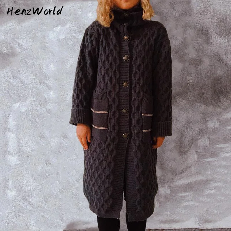 

HenzWorld Women Clothing Autumn Winter 2022 Style Lapel Pocket Single Breasted Fried Dough Twist Sweater Cardigan Coat Overcoat
