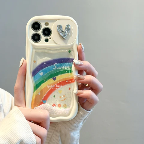 Корейский милый защитный чехол с 3D любовным сердцем и эффектом пуш-тяги для объектива камеры iPhone 11 12 13 14 15 Pro Max чехол с жемчугом и зыбучим песком и радугой