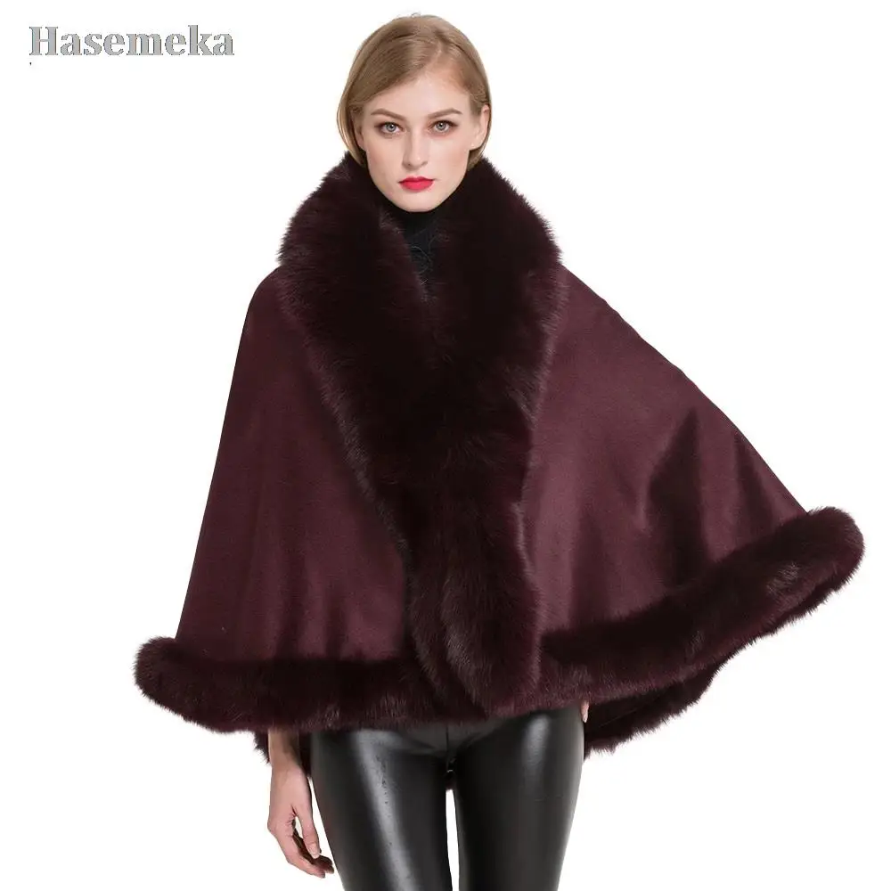 

Women Fashion Real Fox Fur Poncho Solid Elegant Cashmere Capes Winter Thicken Warm All-match Fur Cloak For Women Top Quality