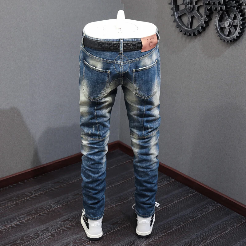 Street Fashion Men Jeans Retro Blue Stretch Elastic Slim Fit Ripped Jeans Men Spliced Designer Hip Hop Denim Biker Pants Hombre