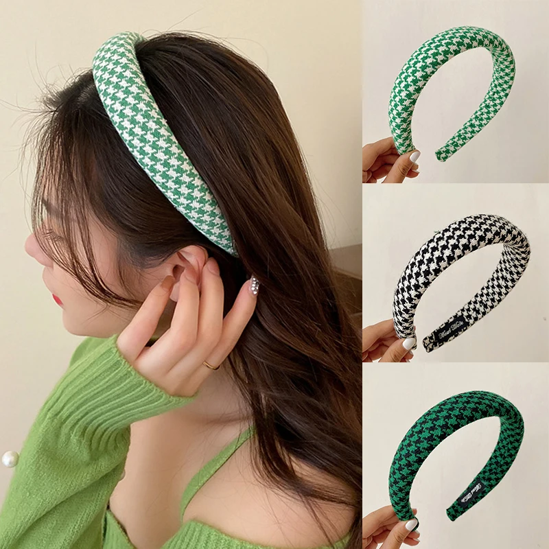 

Green Plaid Wide-brimmed Hair Hoop Sponge Non-slip Hairband Head Hoop Houndstooth Pattern Thick Headbands Women Hair Accessories