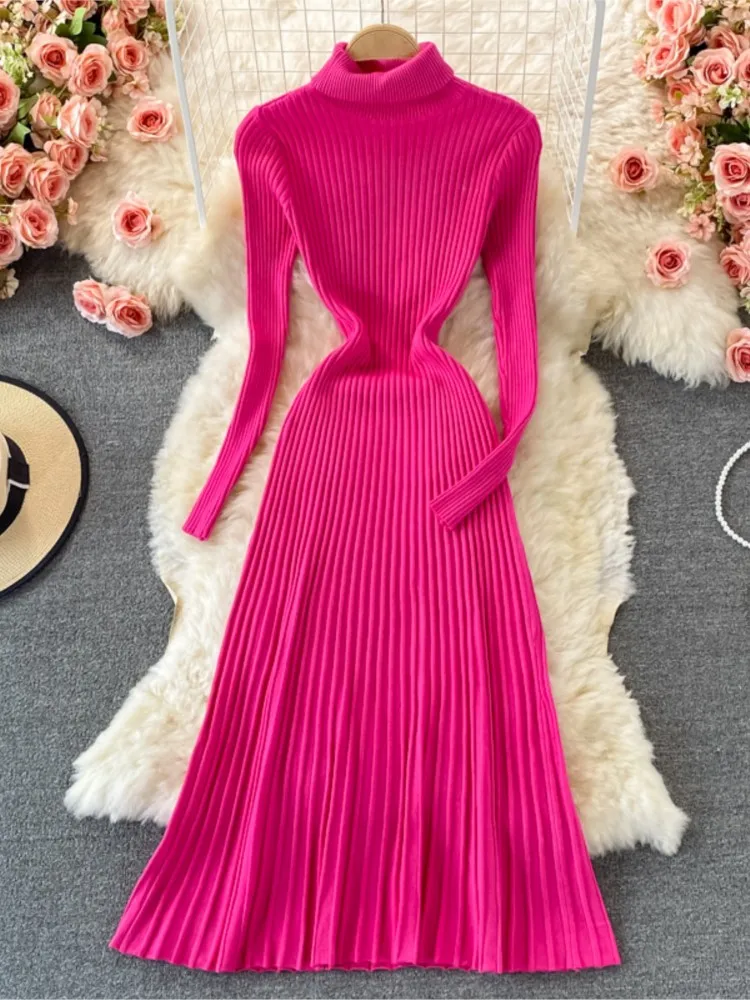 

New Autumn Women Knitted Dress Vintage Turtleneck Long Sleeve Sweater Dresses 2023 Fashion Lady A-line Pleats Solid Prom Robe