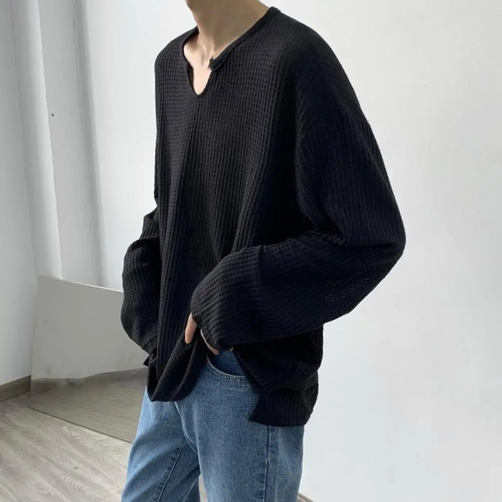 

Мужская Просвечивающая футболка унисекс, однотонная свободная Просвечивающая футболка с V-образным вырезом и длинными рукавами, Мужская фу...