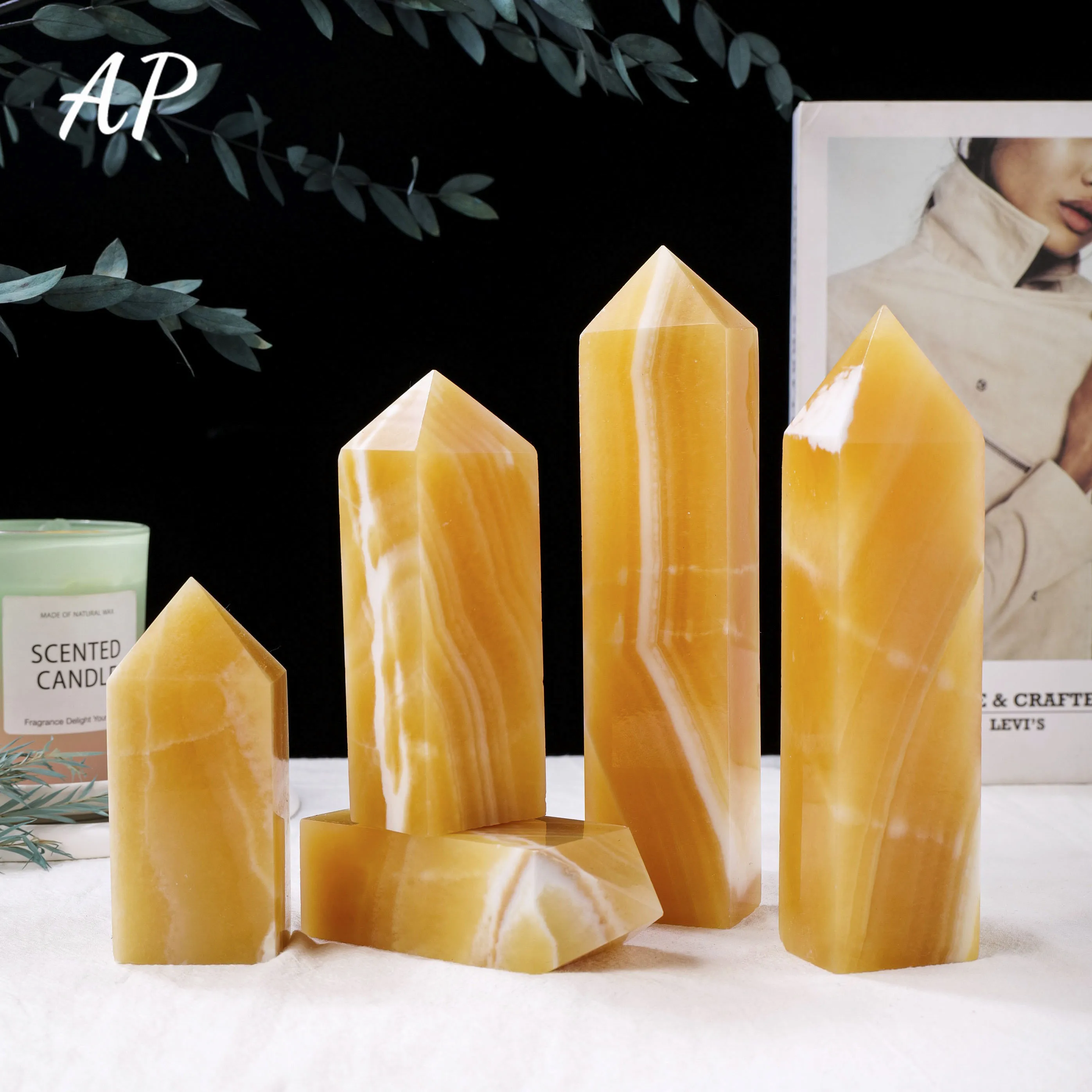 

1PC Natural Stone Yellow Jade Crystal Four Side Column Crystal Point Healing Stone Gemstone Quartz Tower Home Decoration Gifts