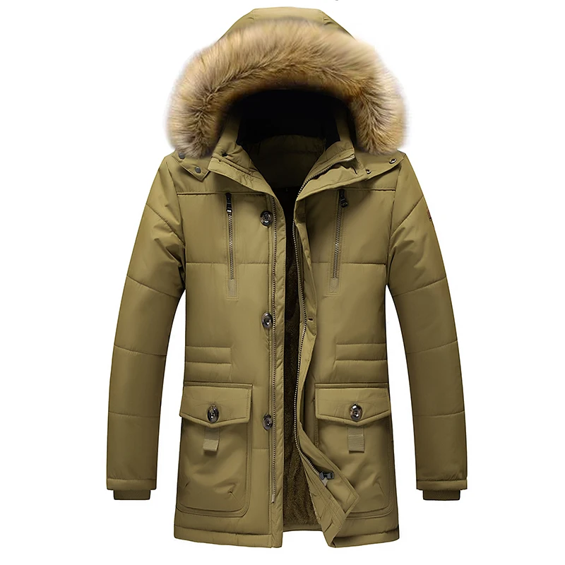 2022 Thick Warm Parka Men Fleece Fur Hood Men Winter Jacket Coat Military Cargo Medium-long Mens Overcoat