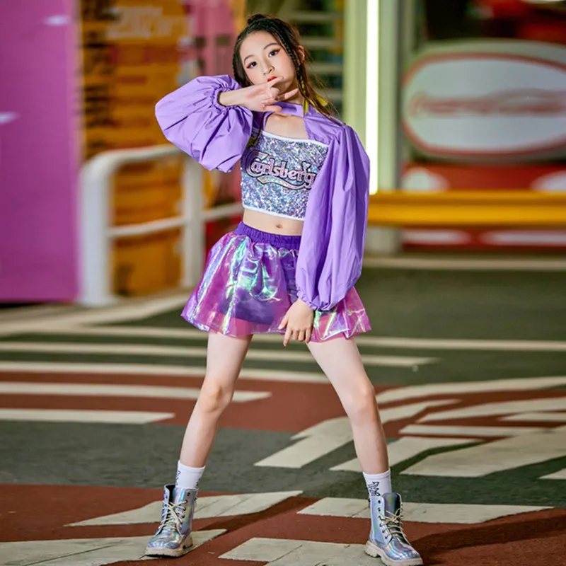

New Modern Dance Hip Hop Clothing For Girls Purple Sequins Outfits Jazz Performance Rave Clothes Children Stage Costumes