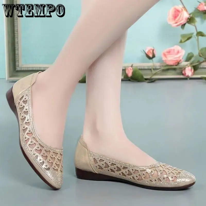 WTEMPO Summer Pointed Toe Women Shoes Fashion Light Weight Mesh Breathable Hollow Out Flat Shoes Lady Shoes Zapatos Wholesale