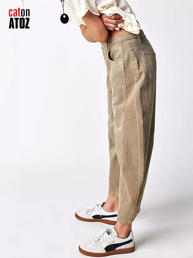 Женские джинсы баррель 2024 модные хаки свободные джинсовые шаровары с напуском